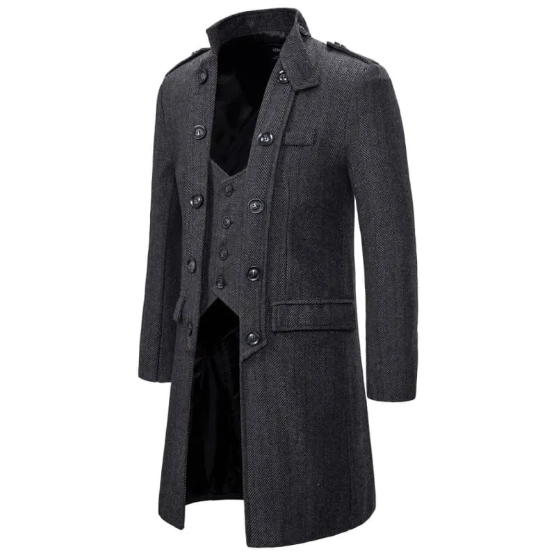 Stylish Mens Mid-length Herringbone Overcoat with Attached Waistcoat