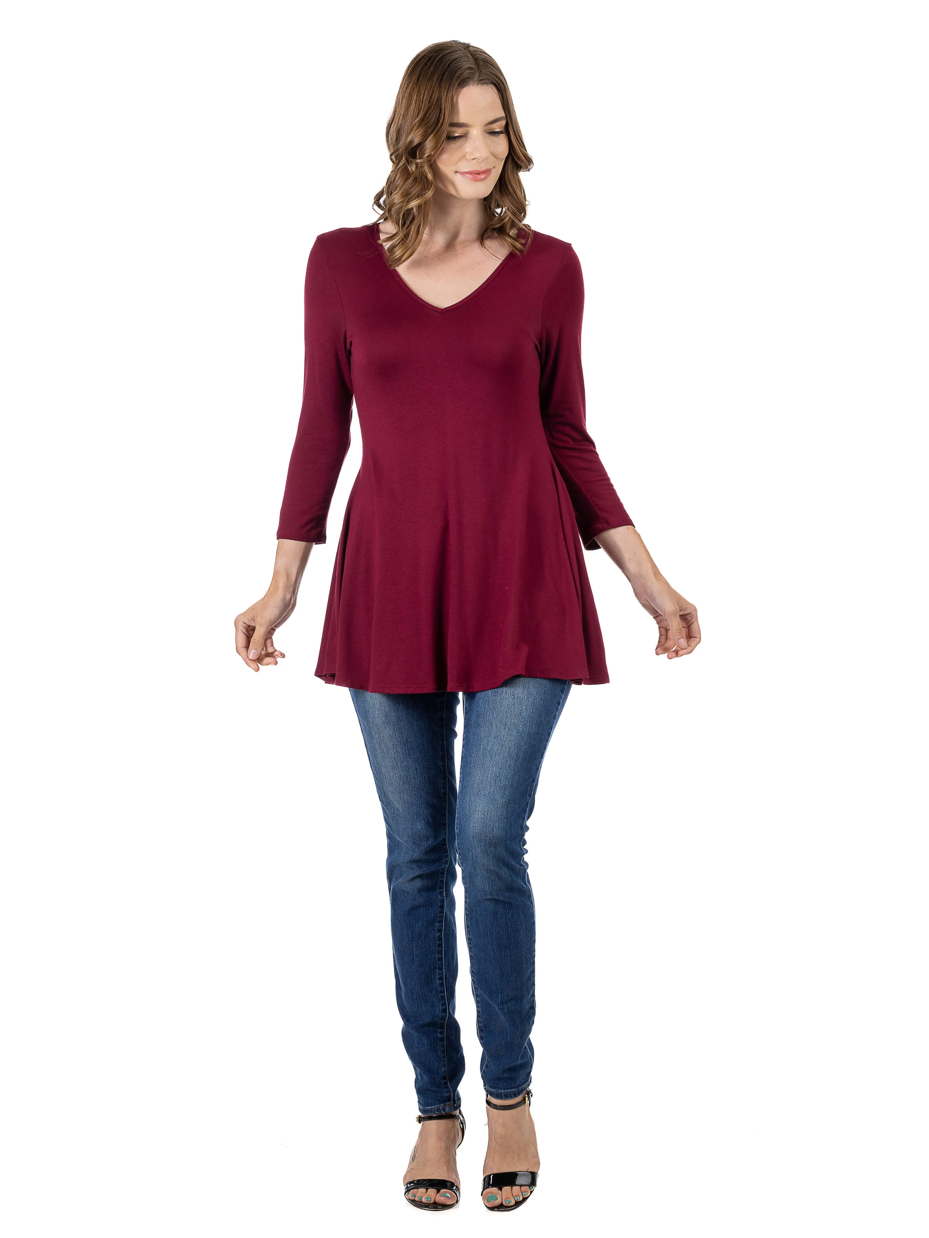 V-Neck Loose Fit Three Quarter Sleeve Tunic Top For Women