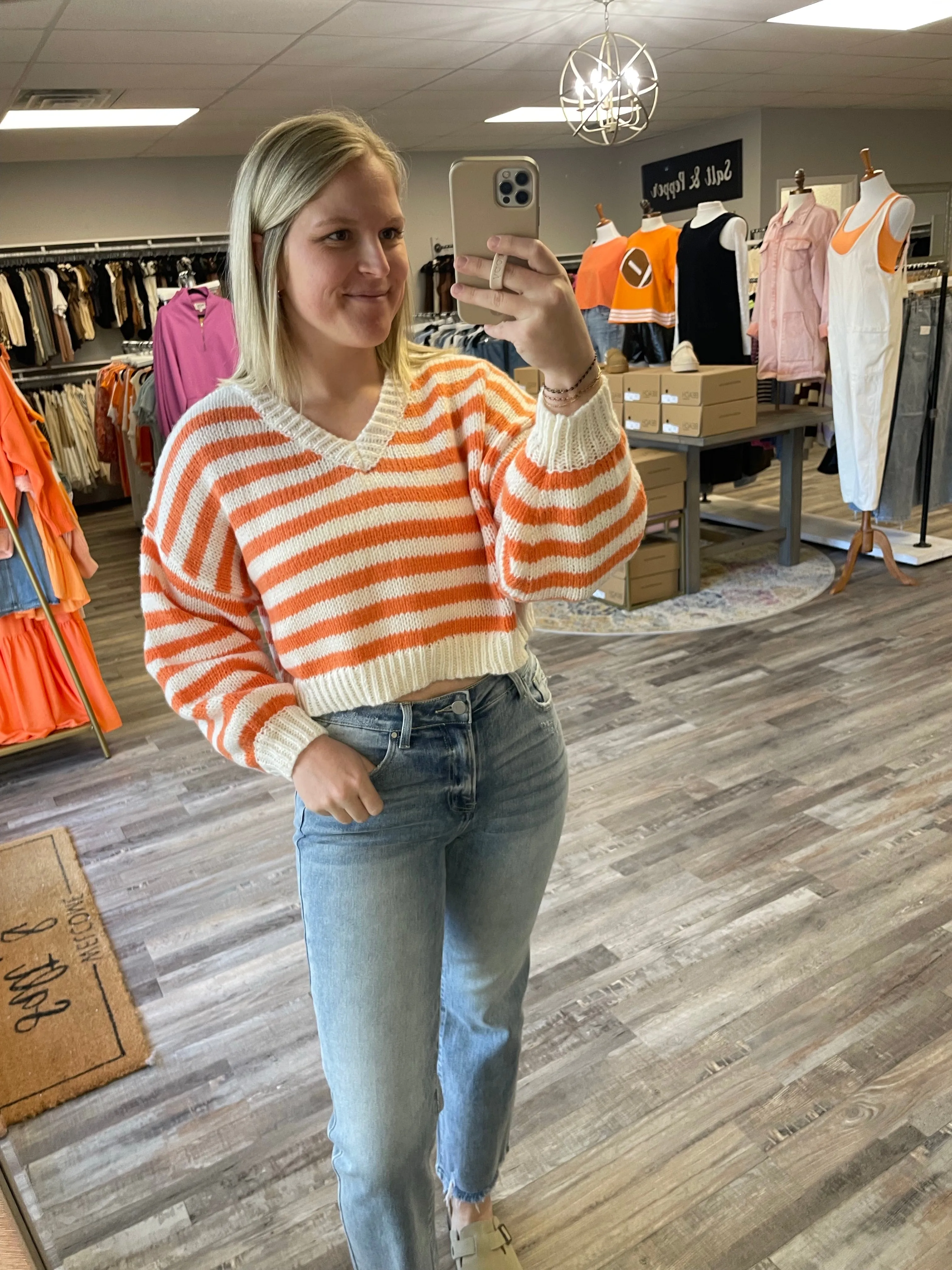 V-Neck Striped Sweater - Orange/White