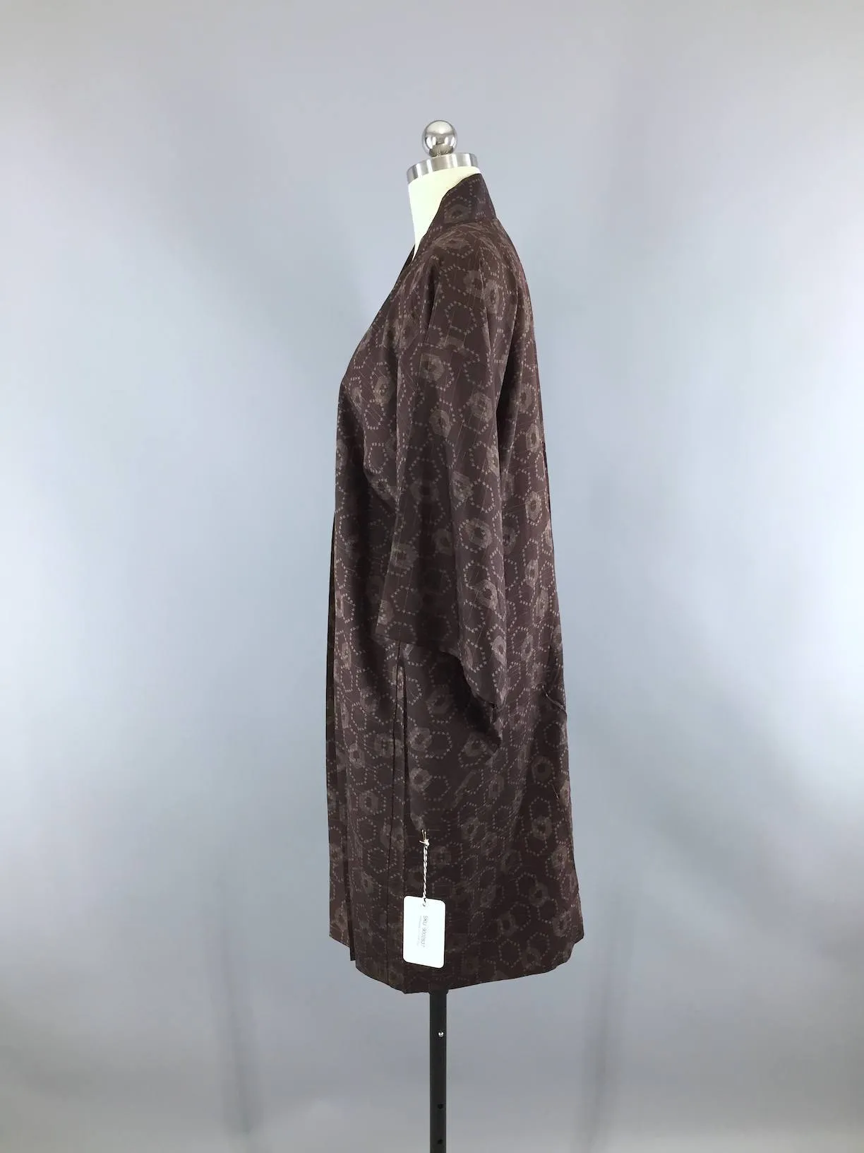 Vintage 1940s Silk Haori Kimono Jacket Cardigan / Dark Brown & Tan Ikat