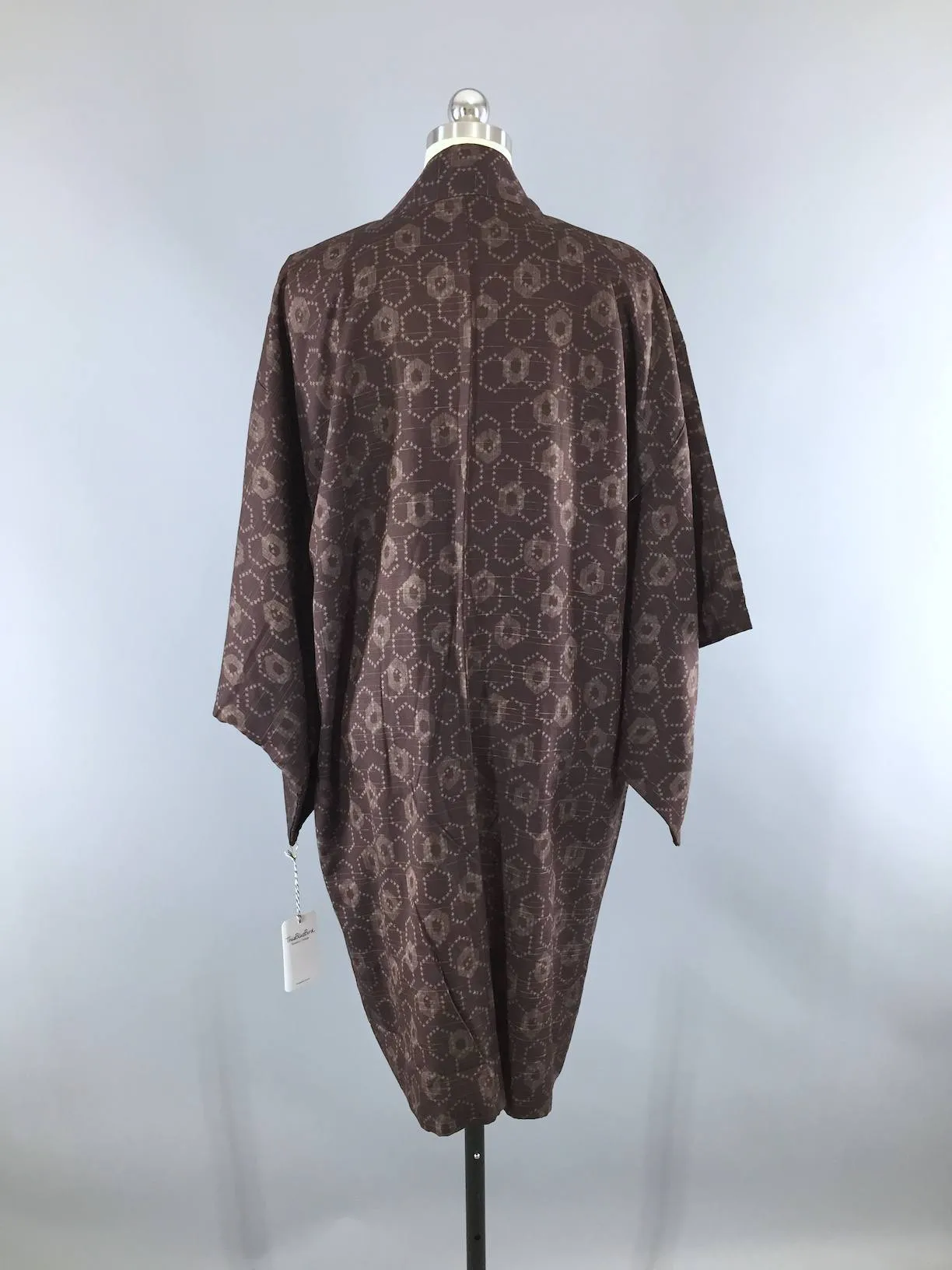 Vintage 1940s Silk Haori Kimono Jacket Cardigan / Dark Brown & Tan Ikat