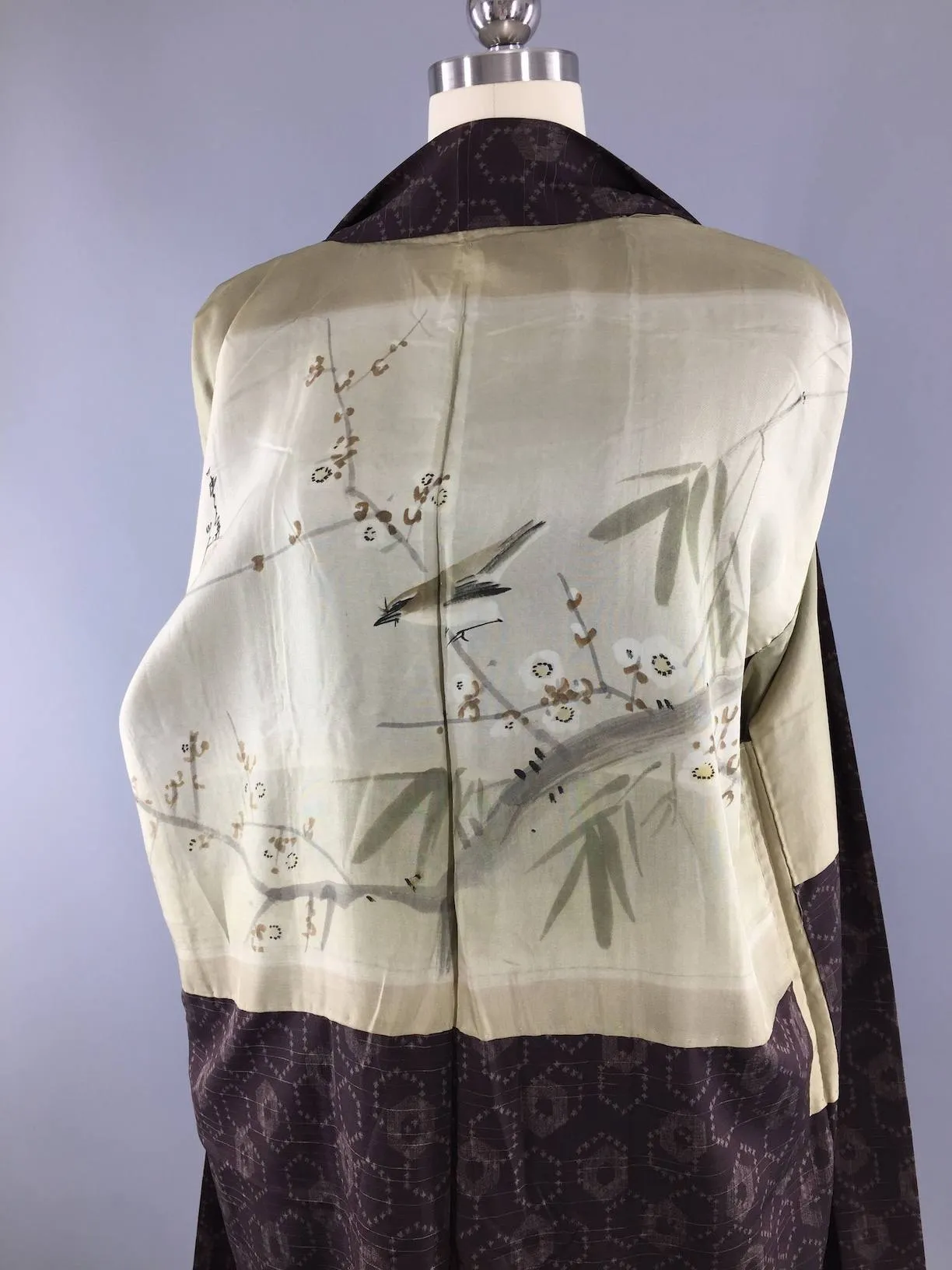 Vintage 1940s Silk Haori Kimono Jacket Cardigan / Dark Brown & Tan Ikat