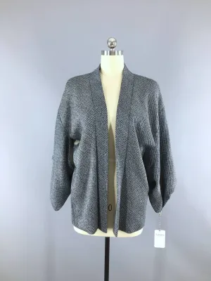 Vintage 1950s Silk Kimono Jacket Cardigan / Slate Blue Grey White Shibori