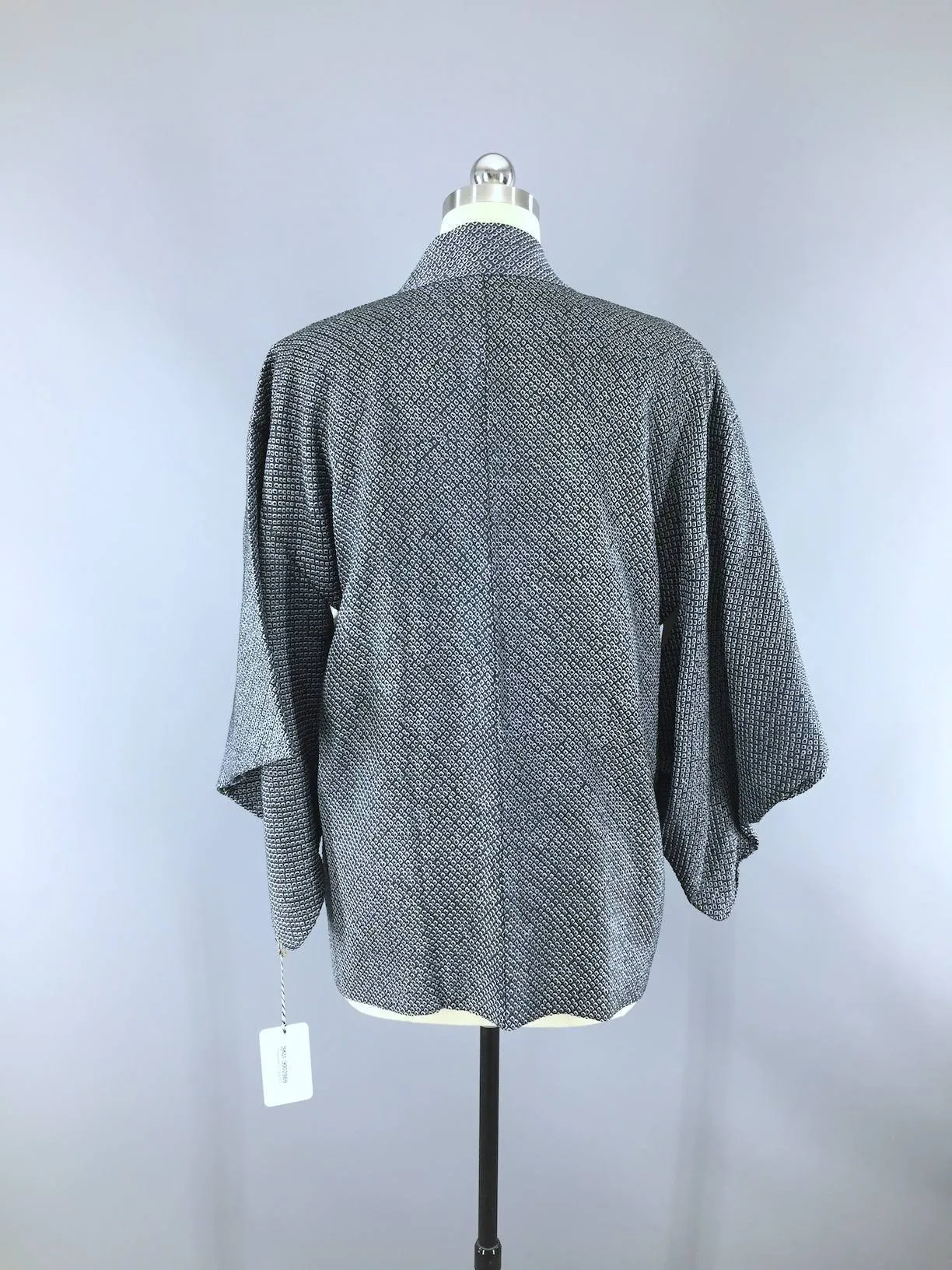 Vintage 1950s Silk Kimono Jacket Cardigan / Slate Blue Grey White Shibori