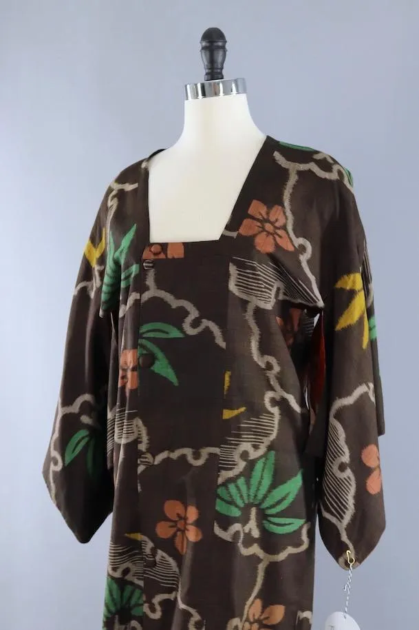 Vintage Brown Ikat Floral Silk Kimono Jacket