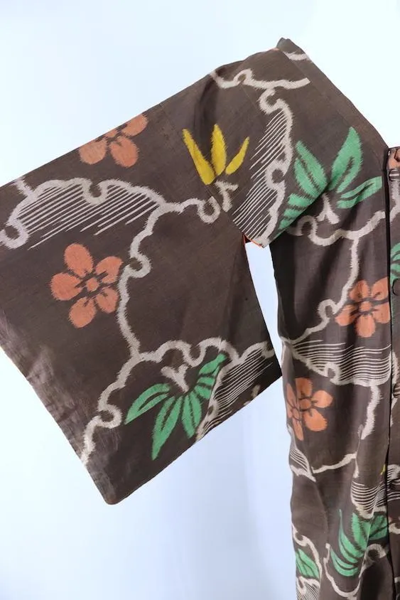 Vintage Brown Ikat Floral Silk Kimono Jacket