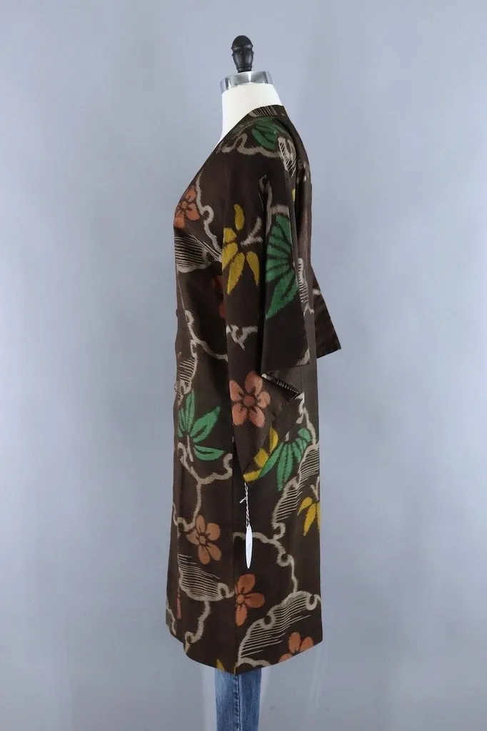 Vintage Brown Ikat Floral Silk Kimono Jacket