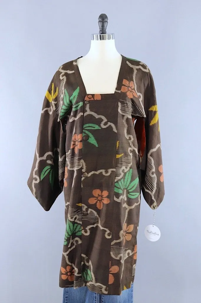 Vintage Brown Ikat Floral Silk Kimono Jacket