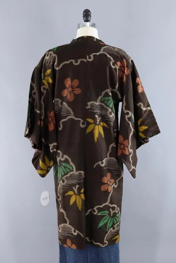 Vintage Brown Ikat Floral Silk Kimono Jacket