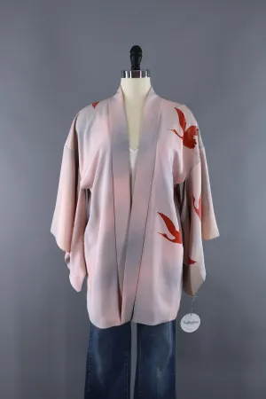 Vintage Silk Kimono Cardigan / Haori Jacket / Pale Pink Ombre Flying Cranes