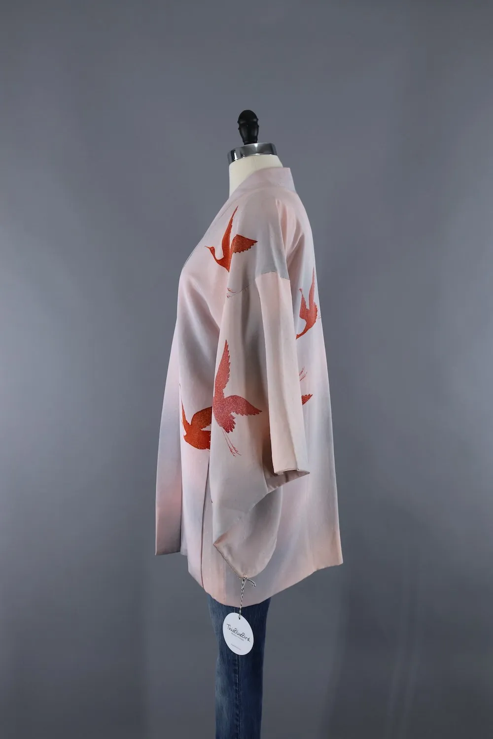 Vintage Silk Kimono Cardigan / Haori Jacket / Pale Pink Ombre Flying Cranes