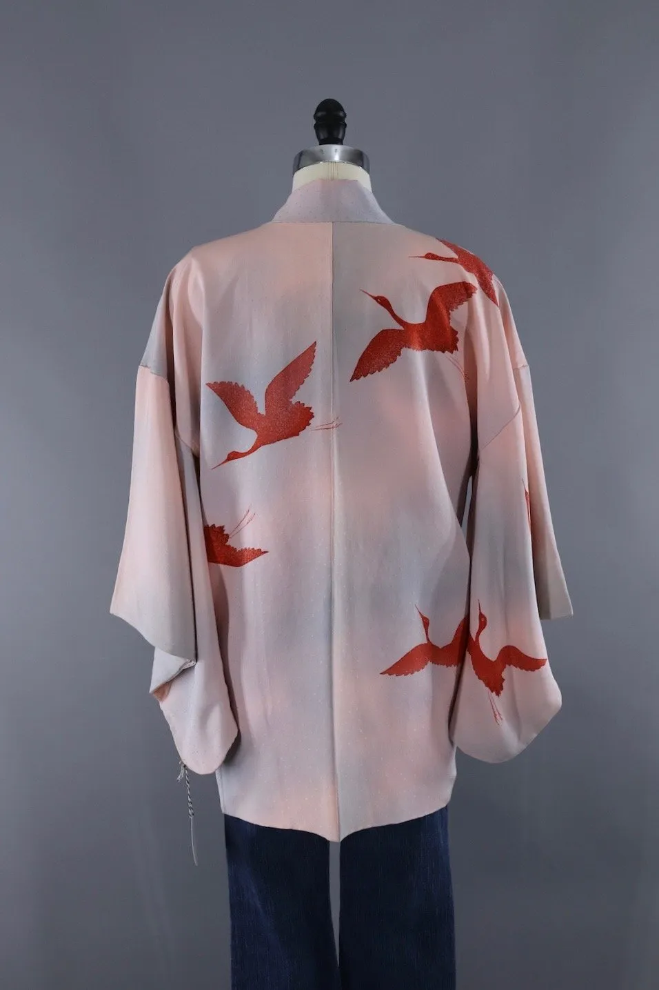 Vintage Silk Kimono Cardigan / Haori Jacket / Pale Pink Ombre Flying Cranes