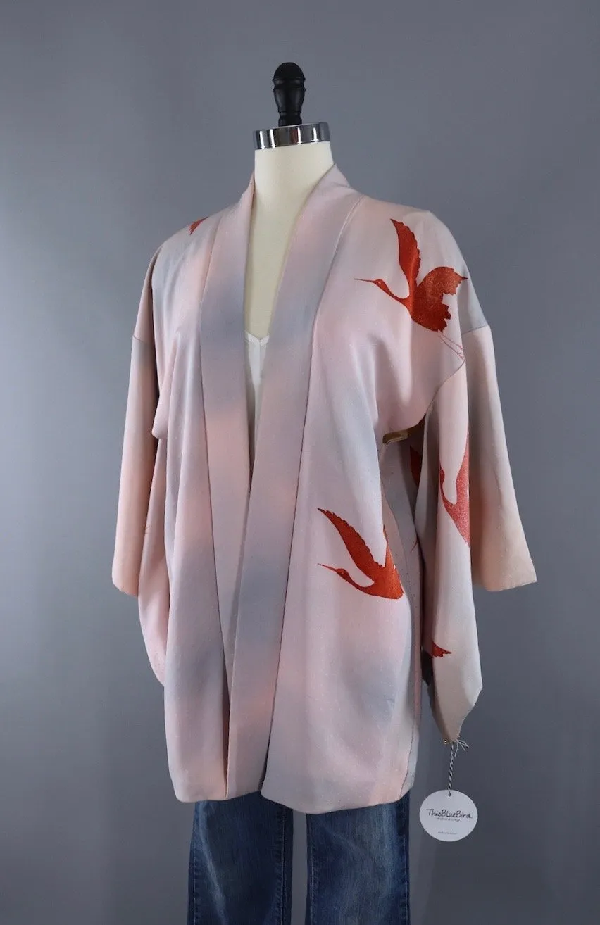 Vintage Silk Kimono Cardigan / Haori Jacket / Pale Pink Ombre Flying Cranes