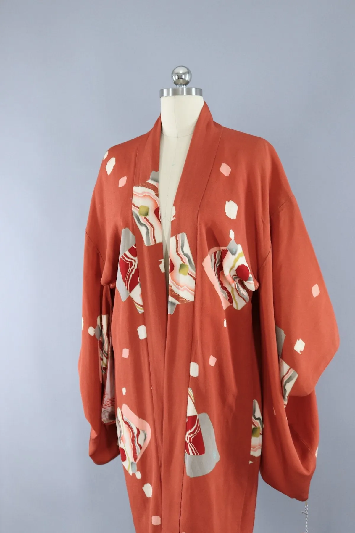 Vintage Silk KImono Cardigan / Terra Cotta Orange Art Deco Print