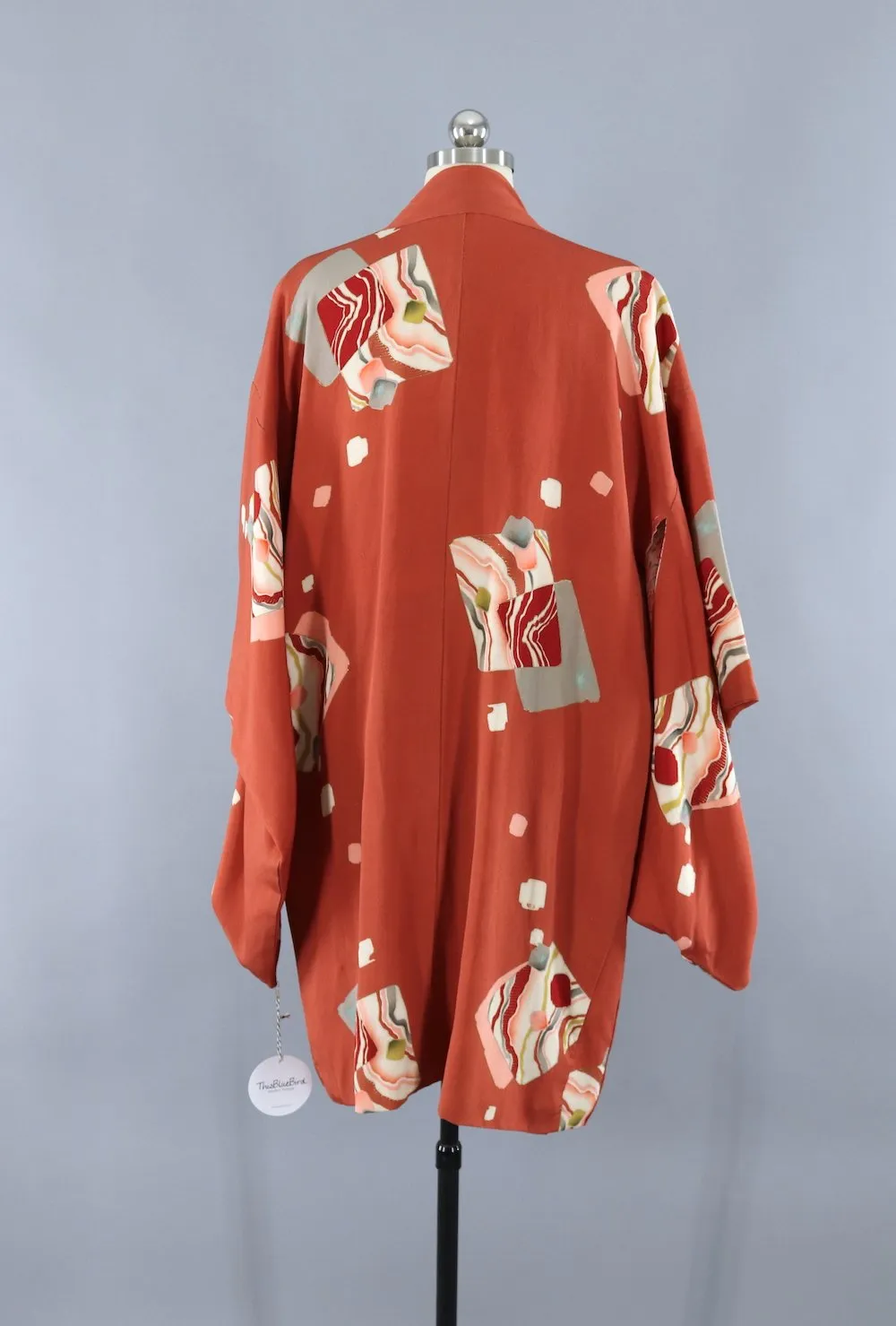 Vintage Silk KImono Cardigan / Terra Cotta Orange Art Deco Print