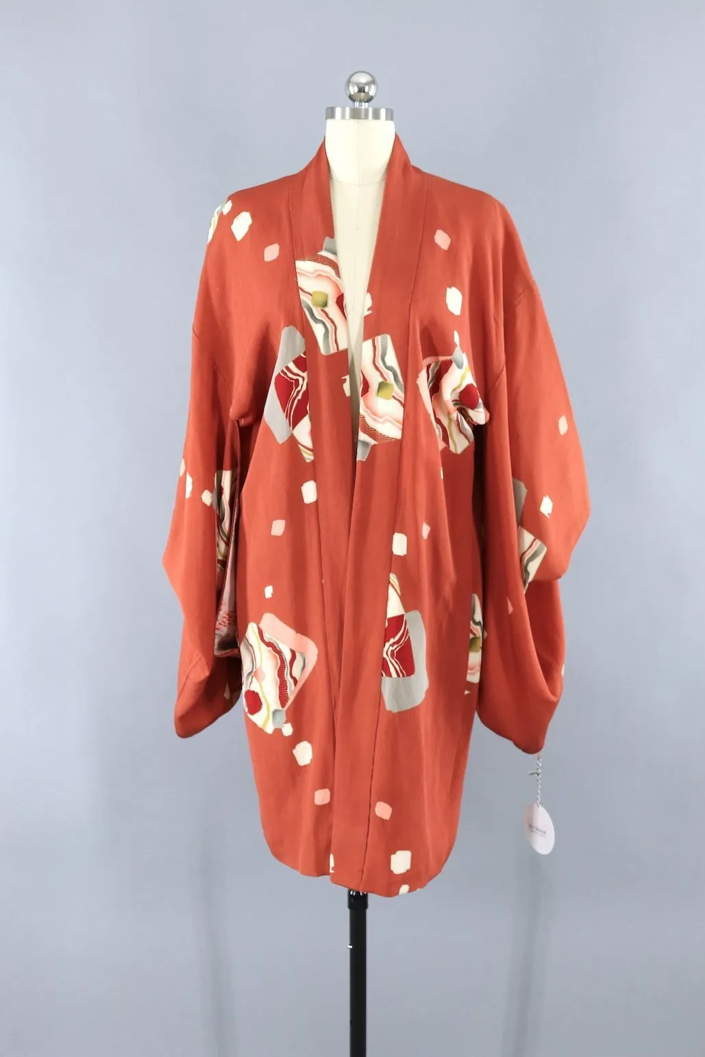 Vintage Silk KImono Cardigan / Terra Cotta Orange Art Deco Print