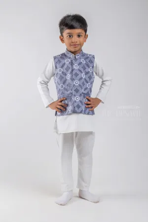 White Solid Cotton Kurta and Pant with Geometrical Printed Gray Overcoat for Boys