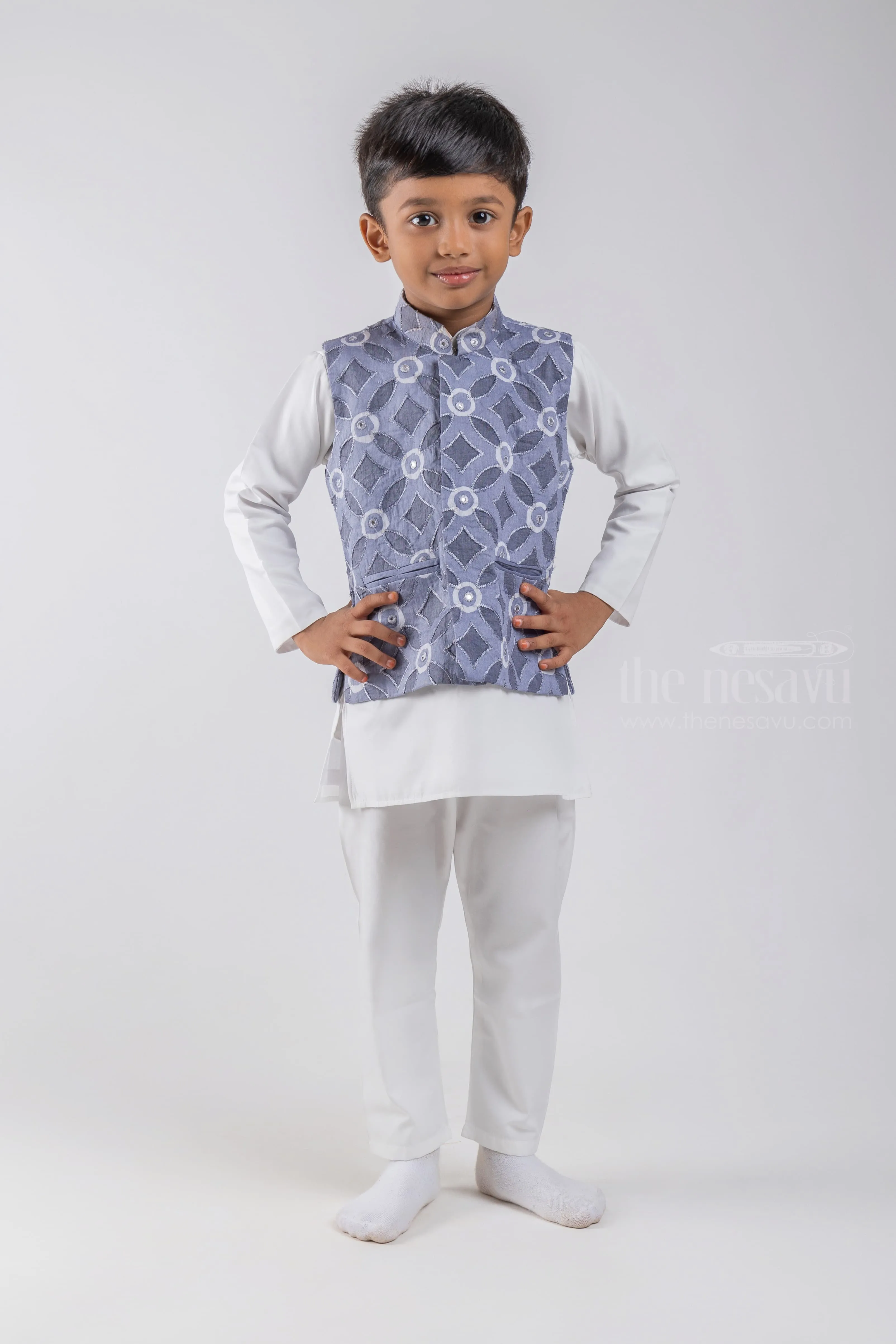 White Solid Cotton Kurta and Pant with Geometrical Printed Gray Overcoat for Boys