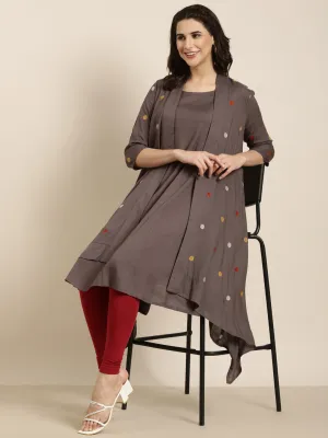 Women A-Line Grey Solid Kurta Comes With Overcoat