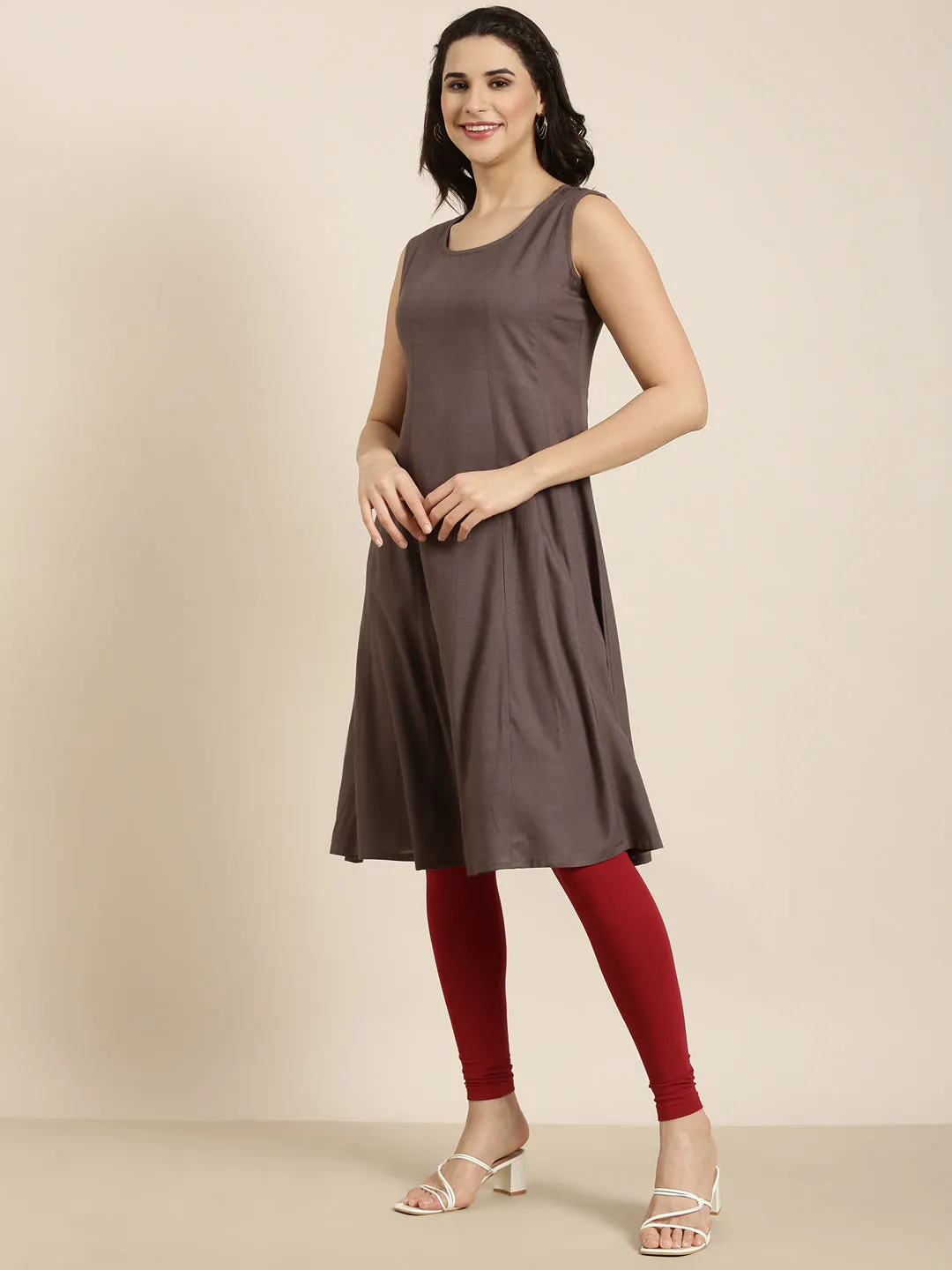 Women A-Line Grey Solid Kurta Comes With Overcoat