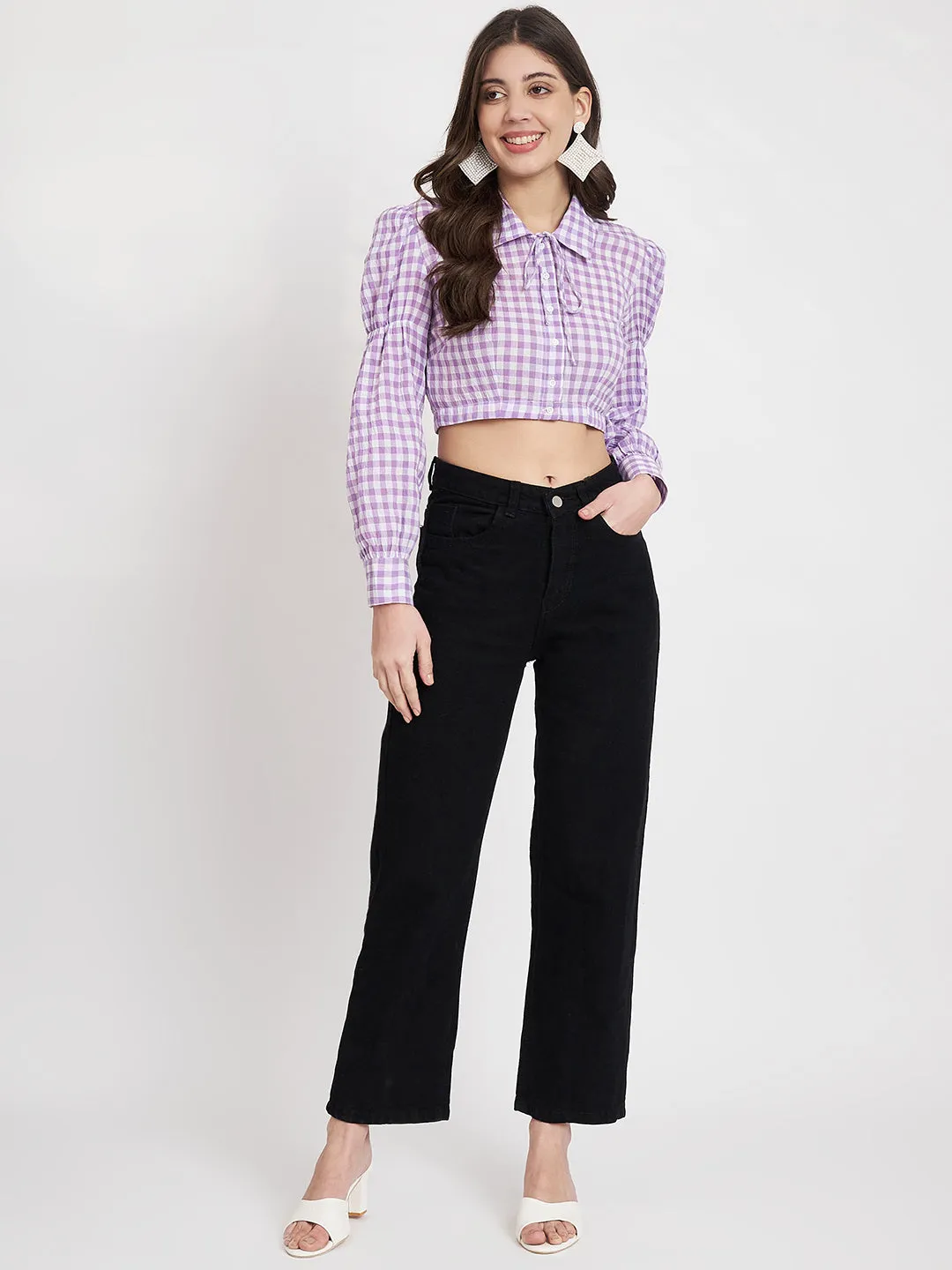 Women Purple Checked Cotton Shirt Style Top