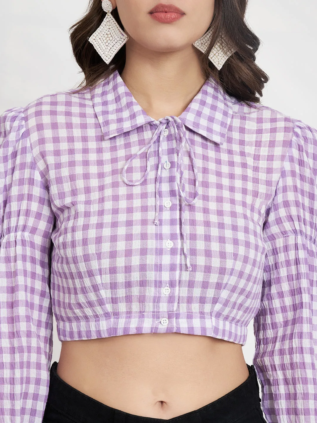 Women Purple Checked Cotton Shirt Style Top