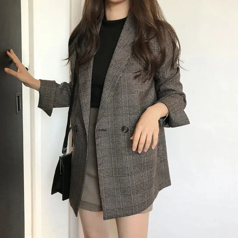 Women Winter Plaid Blazers Coats Korean Fashion Elegant Solid Thick Jacket Female Double Breasted Office Lady Long Overcoat