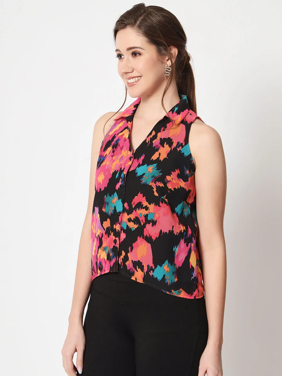 Women's Abstract Printed Black Shirt Style Top