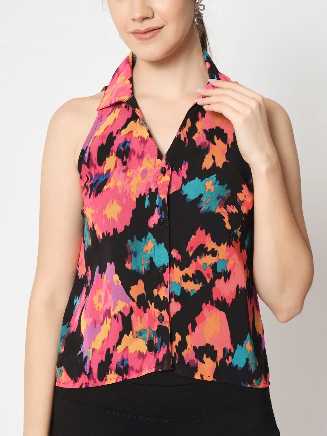 Women's Abstract Printed Black Shirt Style Top