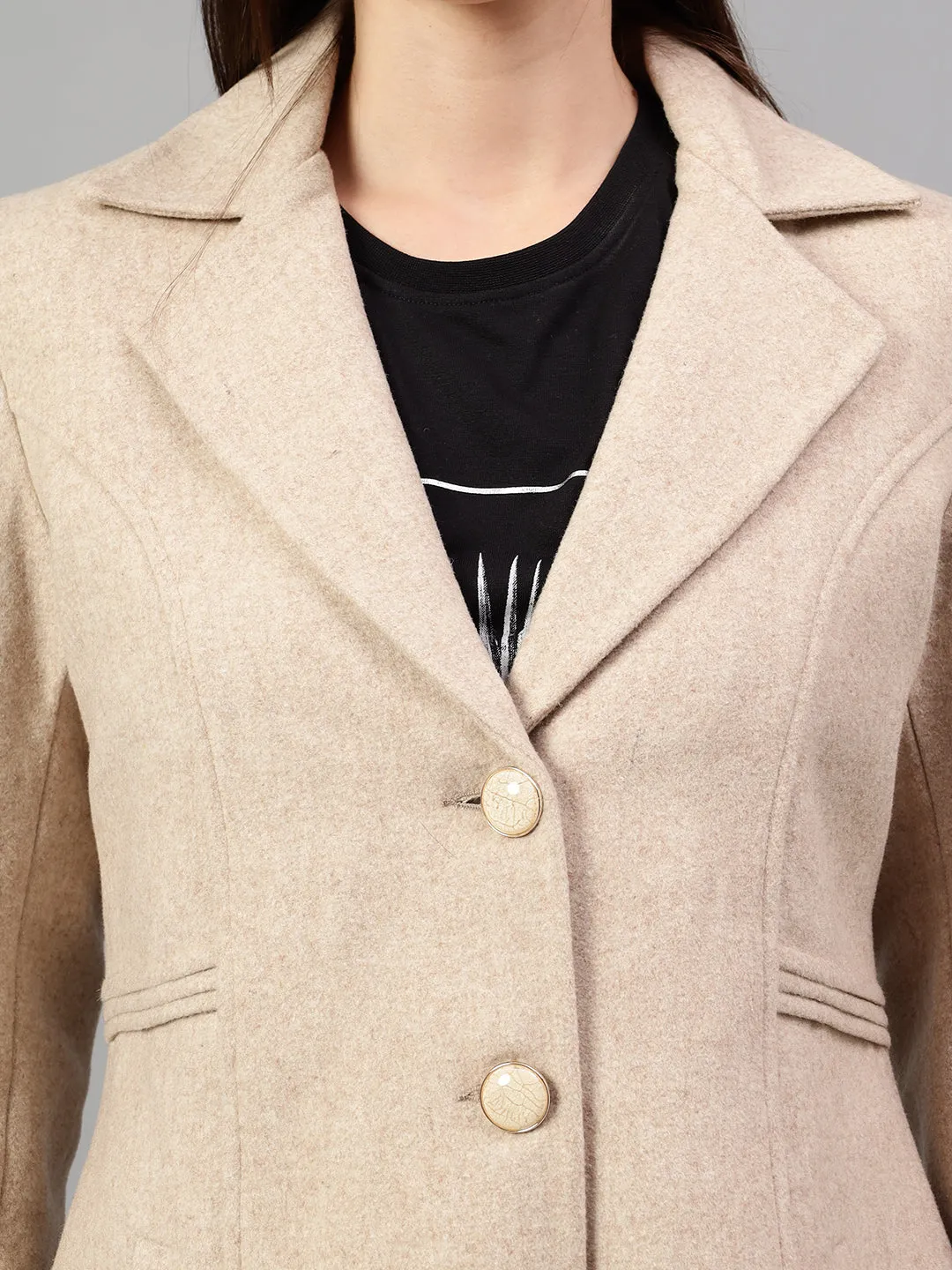 Women's Beige Solid Full Sleeves Winter Long Coat