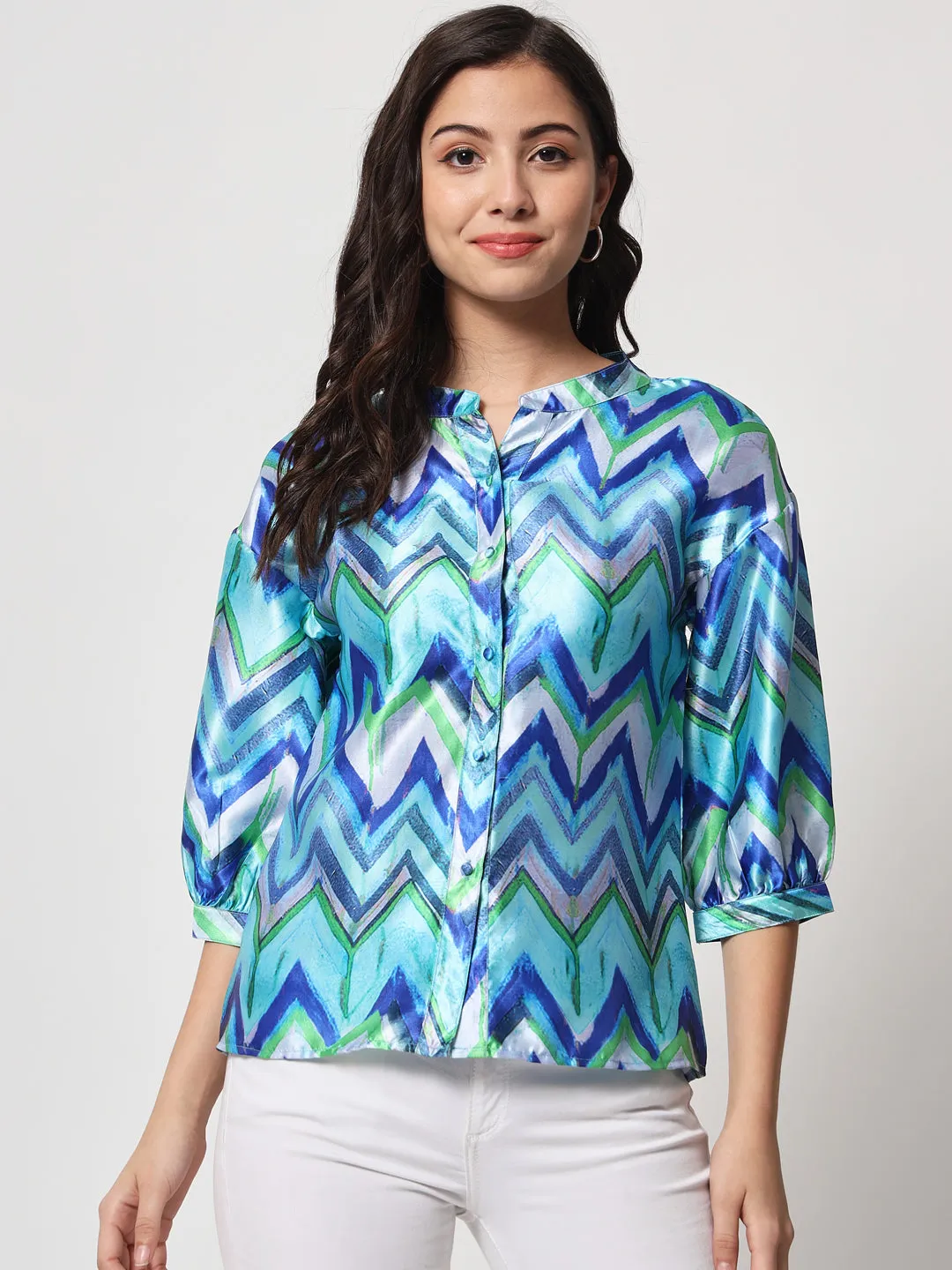 Women's Blue & Green Geometric Print Shirt Style Top