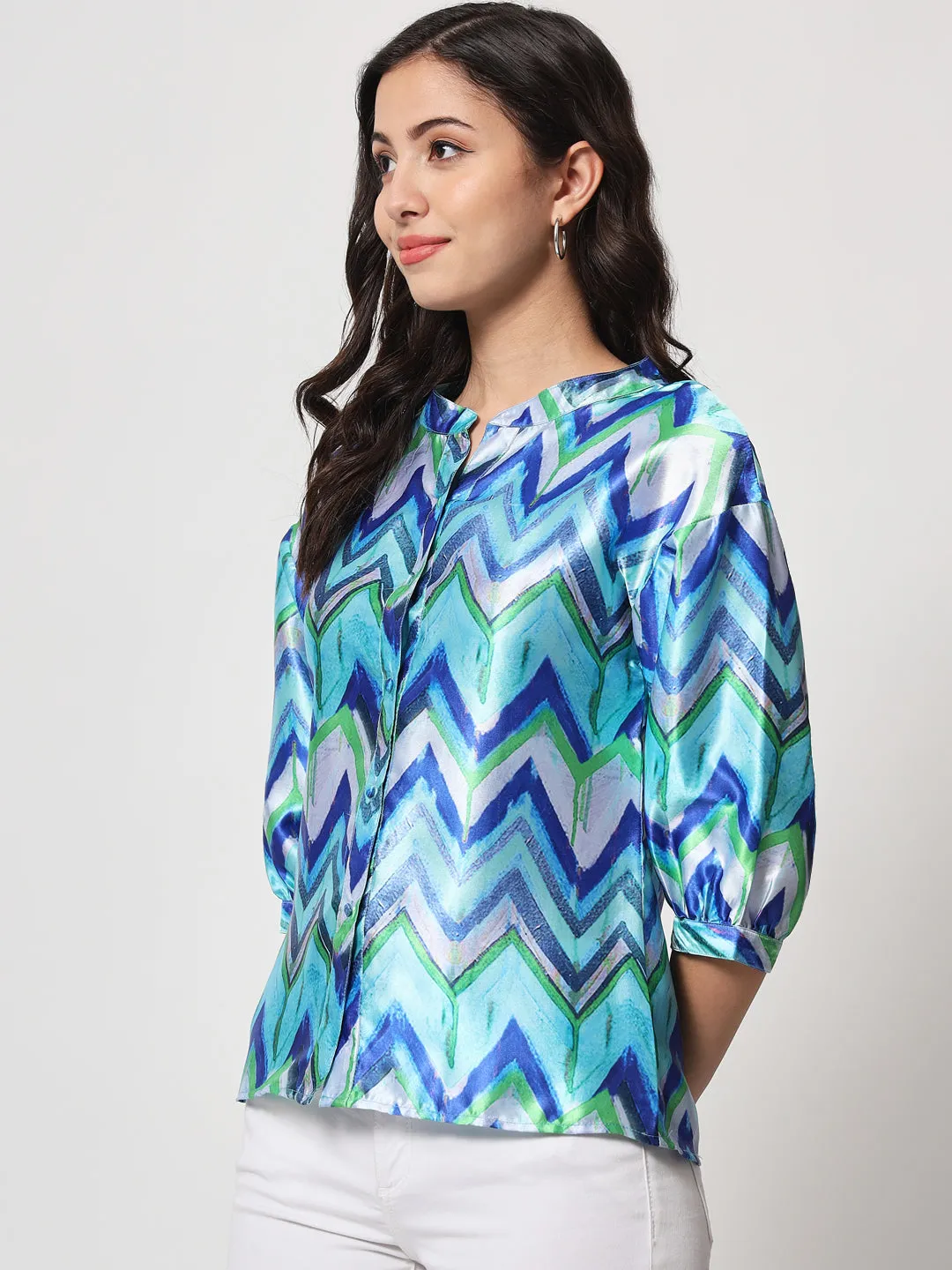 Women's Blue & Green Geometric Print Shirt Style Top