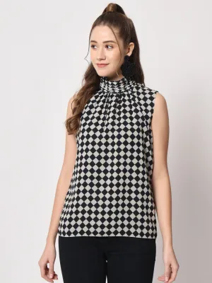 Women's Checked High Neck Black Top