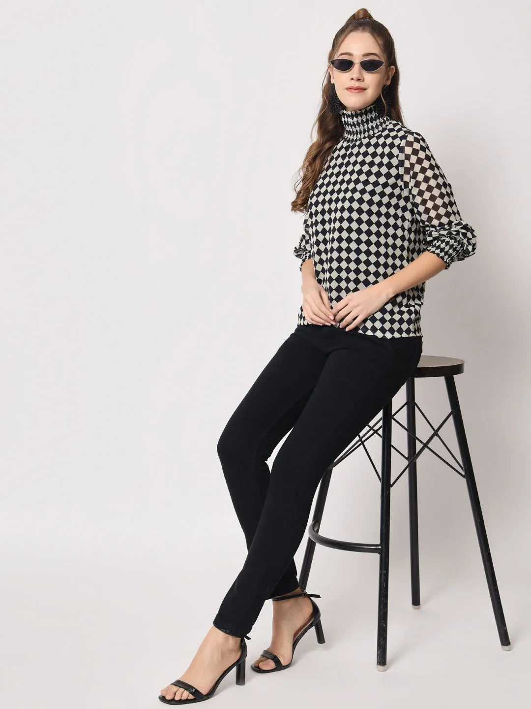 Women's Checked High Neck Georgette Black Top