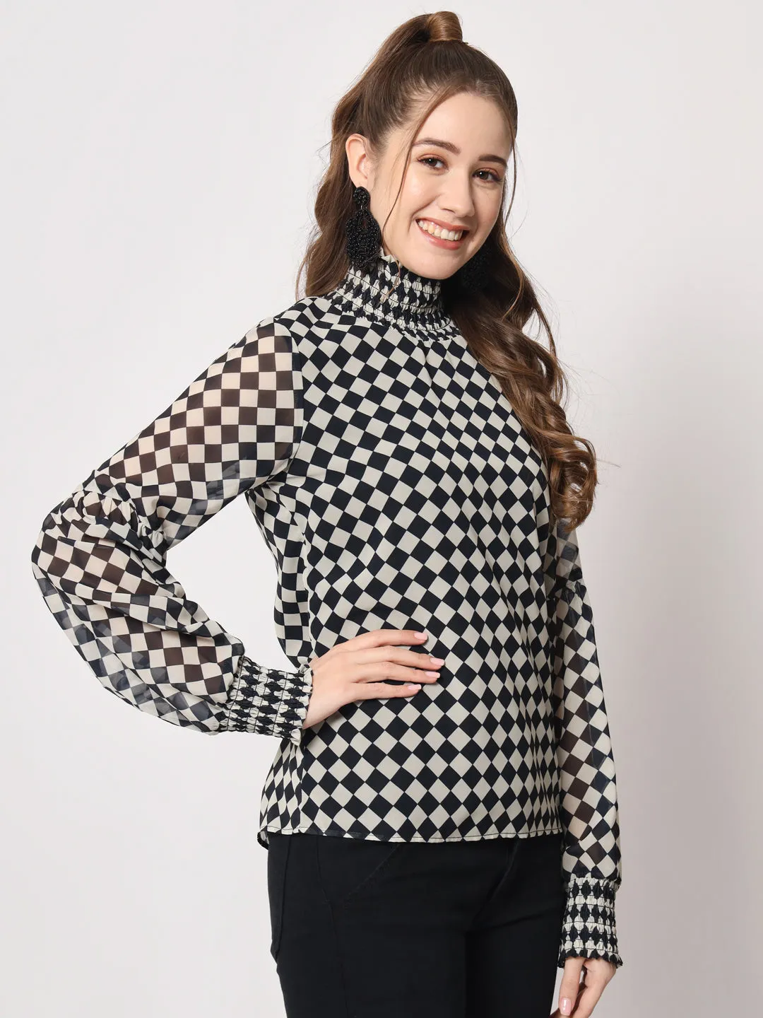 Women's Checked High Neck Georgette Black Top