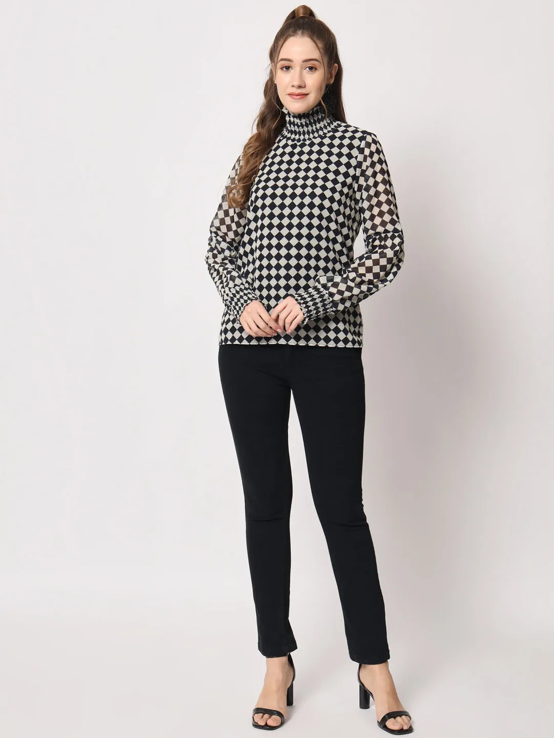 Women's Checked High Neck Georgette Black Top