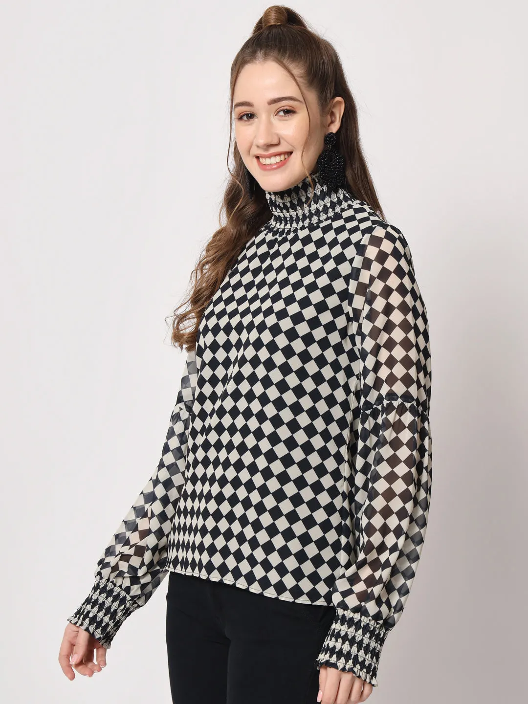 Women's Checked High Neck Georgette Black Top