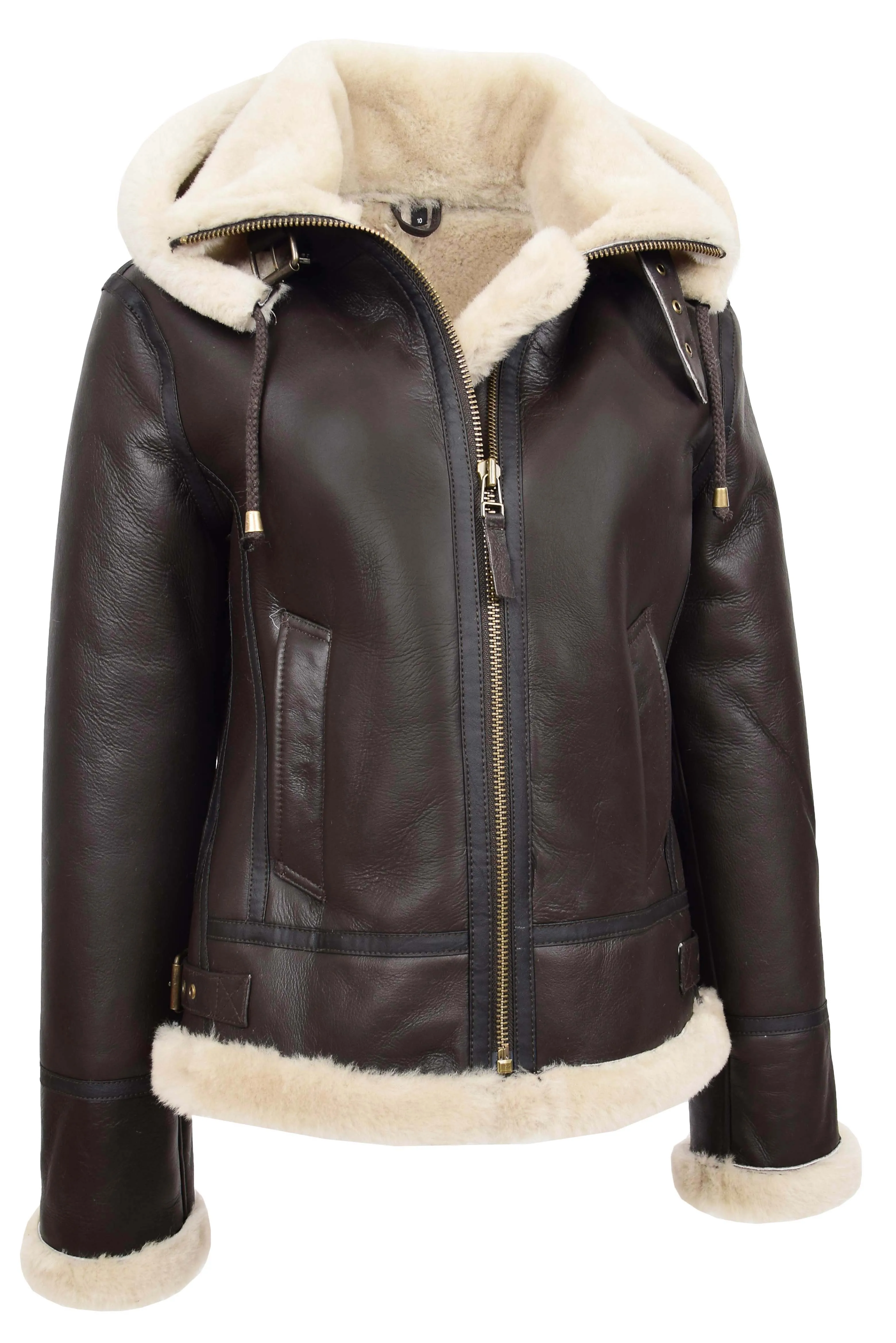 Womens Real Brown Sheepskin Jacket Hooded B3 Pilot Aviator Shearling Maria