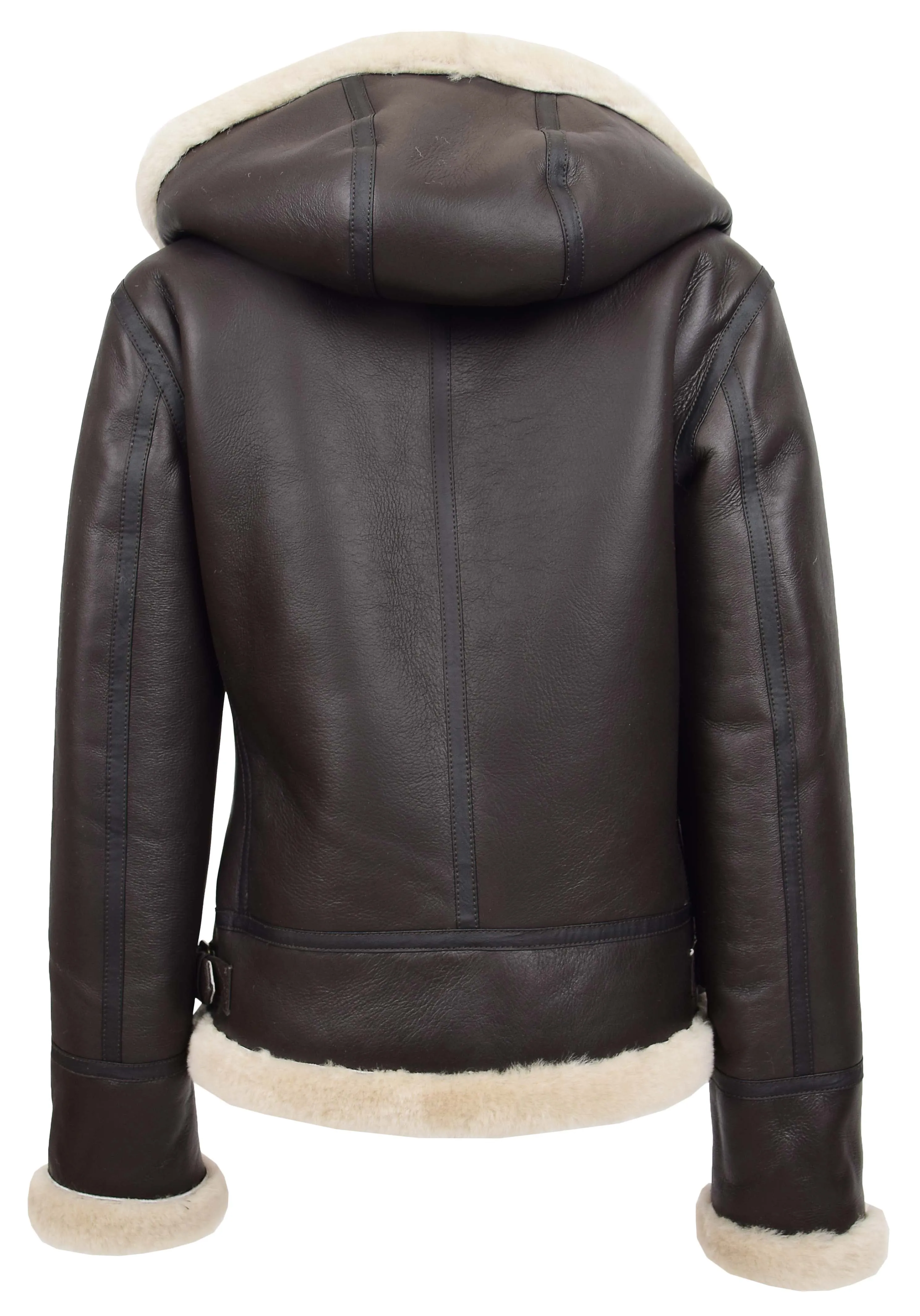 Womens Real Brown Sheepskin Jacket Hooded B3 Pilot Aviator Shearling Maria