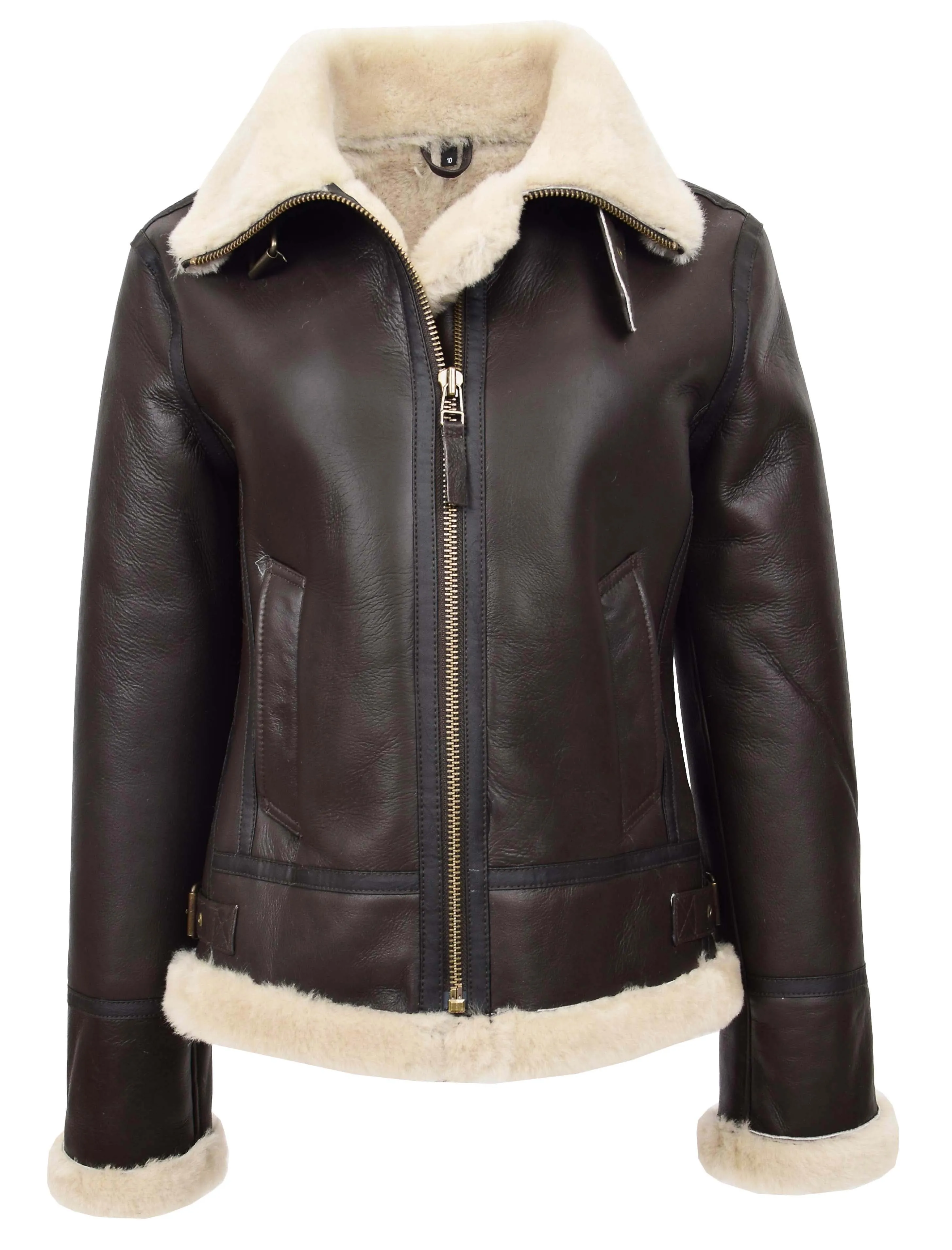 Womens Real Brown Sheepskin Jacket Hooded B3 Pilot Aviator Shearling Maria