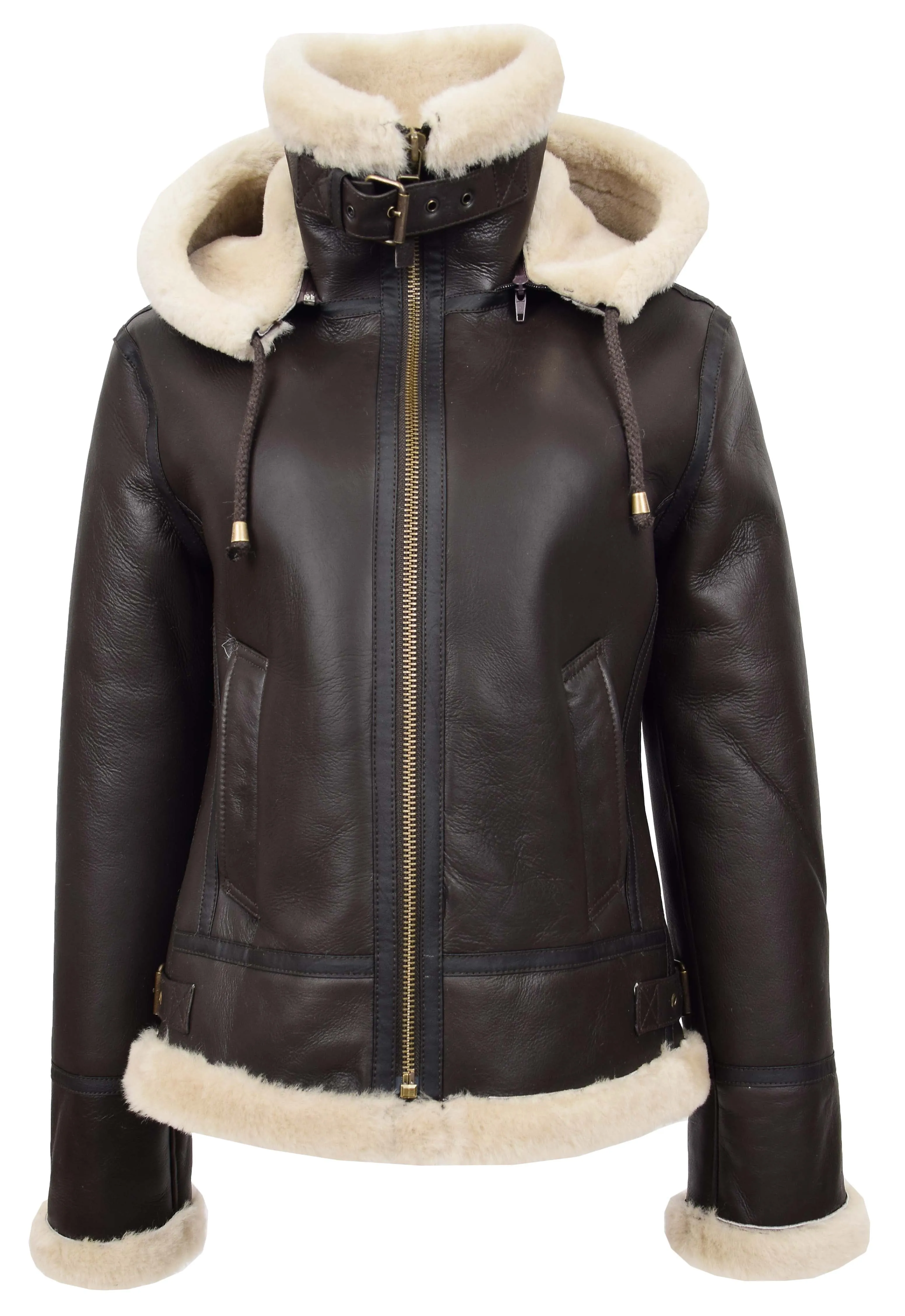 Womens Real Brown Sheepskin Jacket Hooded B3 Pilot Aviator Shearling Maria