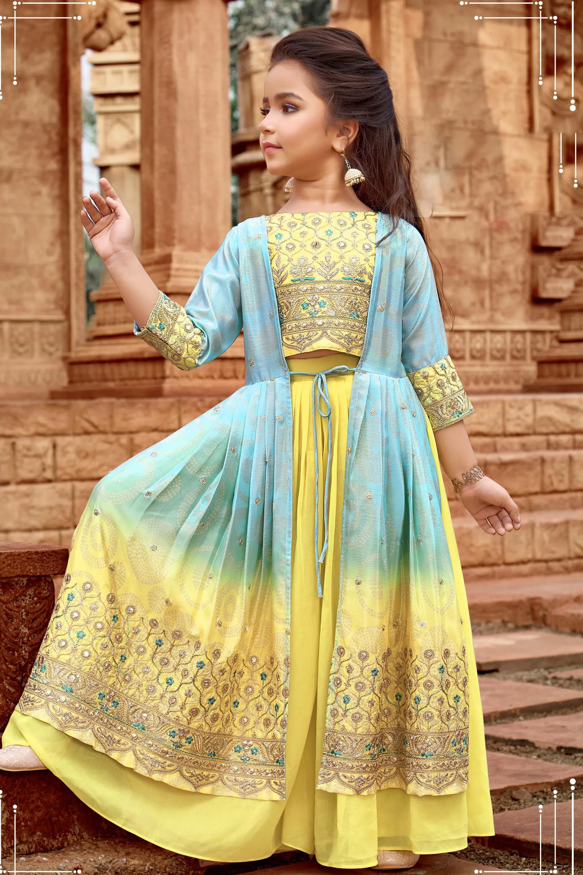 Yellow Bandini Print, Zari and Sequins work with Blue Shaded Overcoat Styled Palazzo Set For Girls