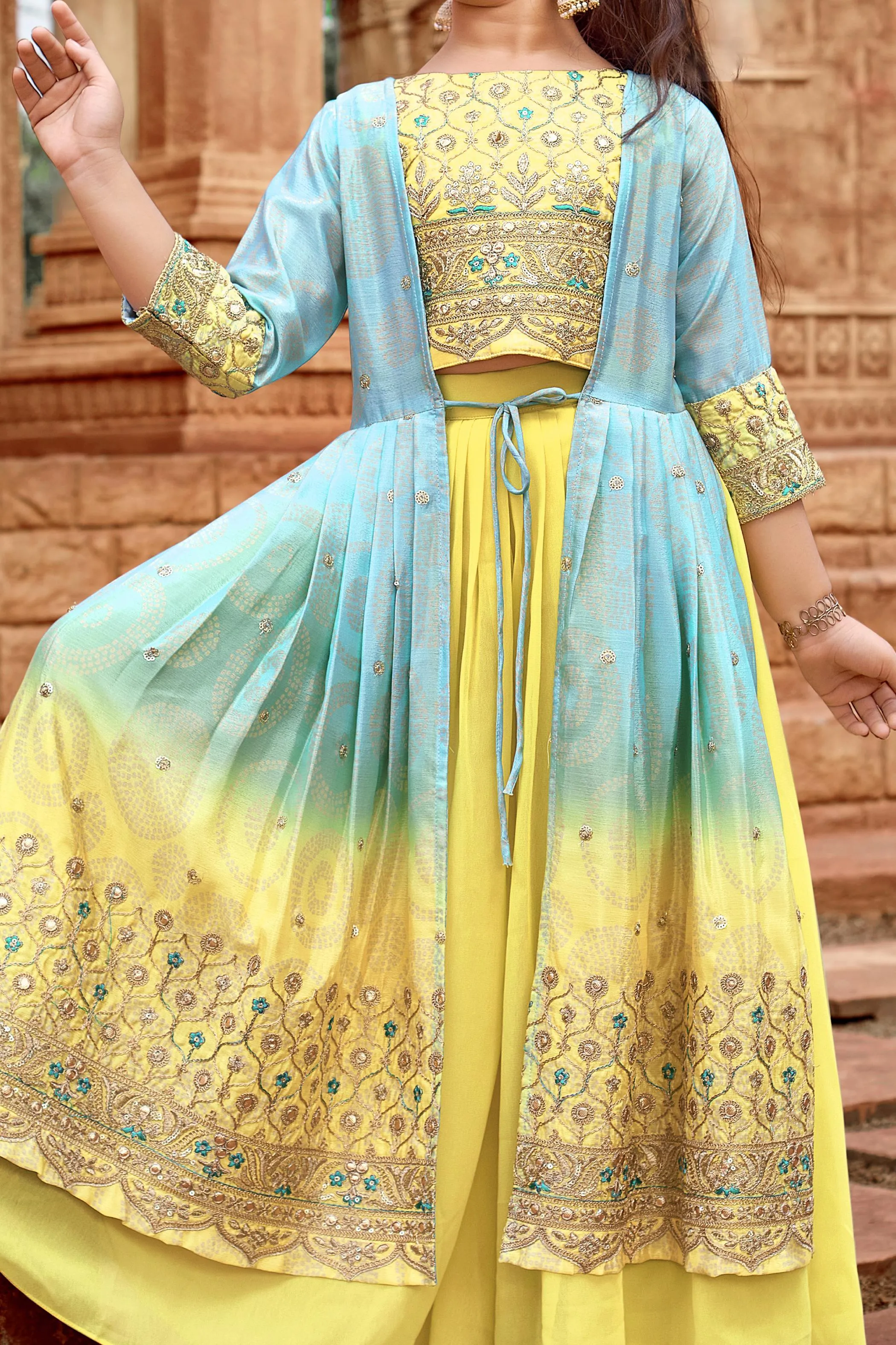 Yellow Bandini Print, Zari and Sequins work with Blue Shaded Overcoat Styled Palazzo Set For Girls