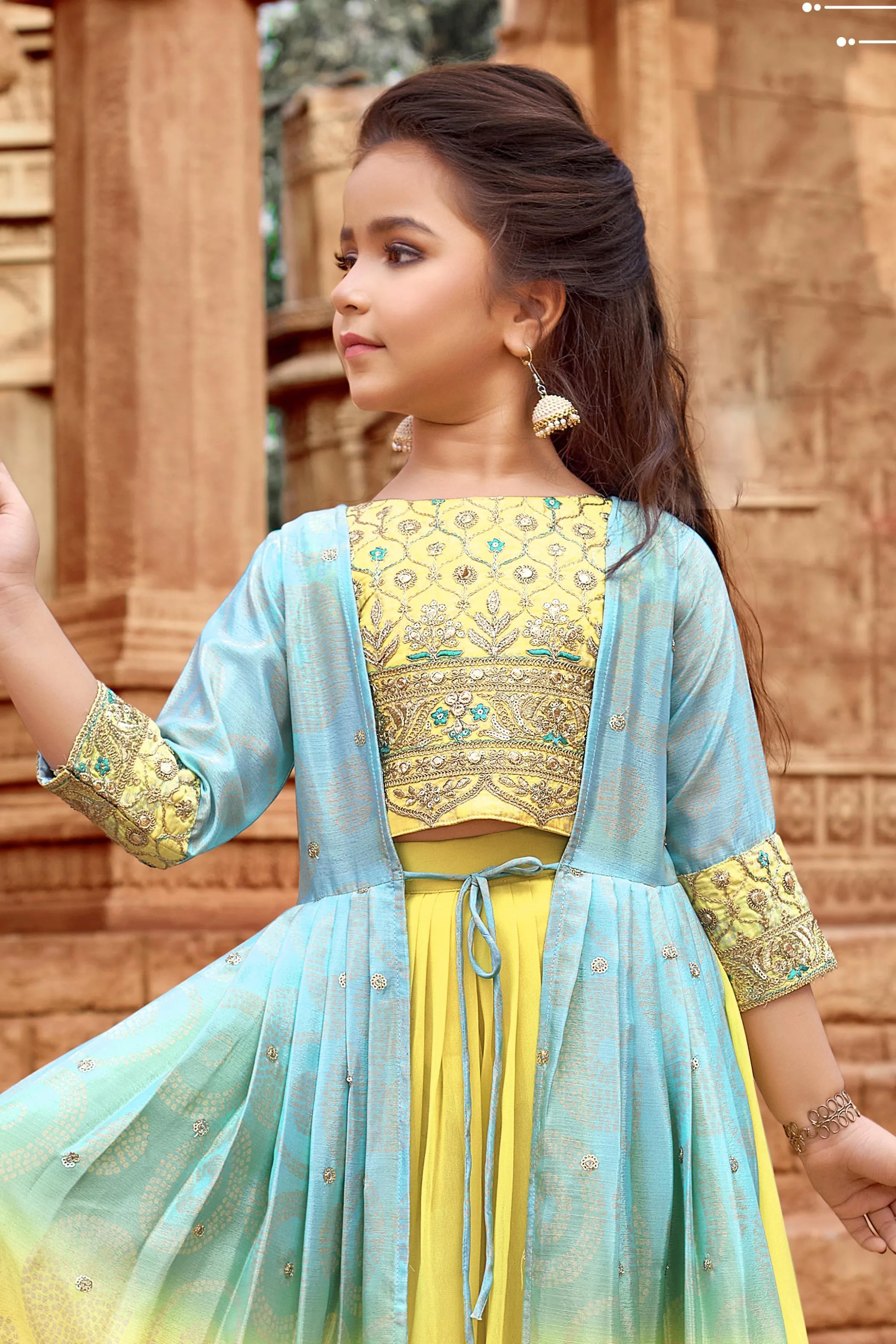 Yellow Bandini Print, Zari and Sequins work with Blue Shaded Overcoat Styled Palazzo Set For Girls