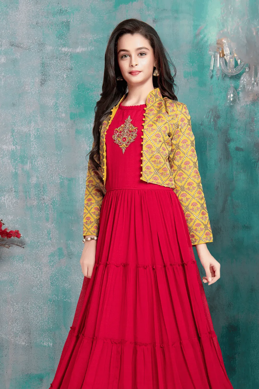 Yellow with Rani Pink Sequins and Zari Thread work Overcoat Styled Long Gown For Girls