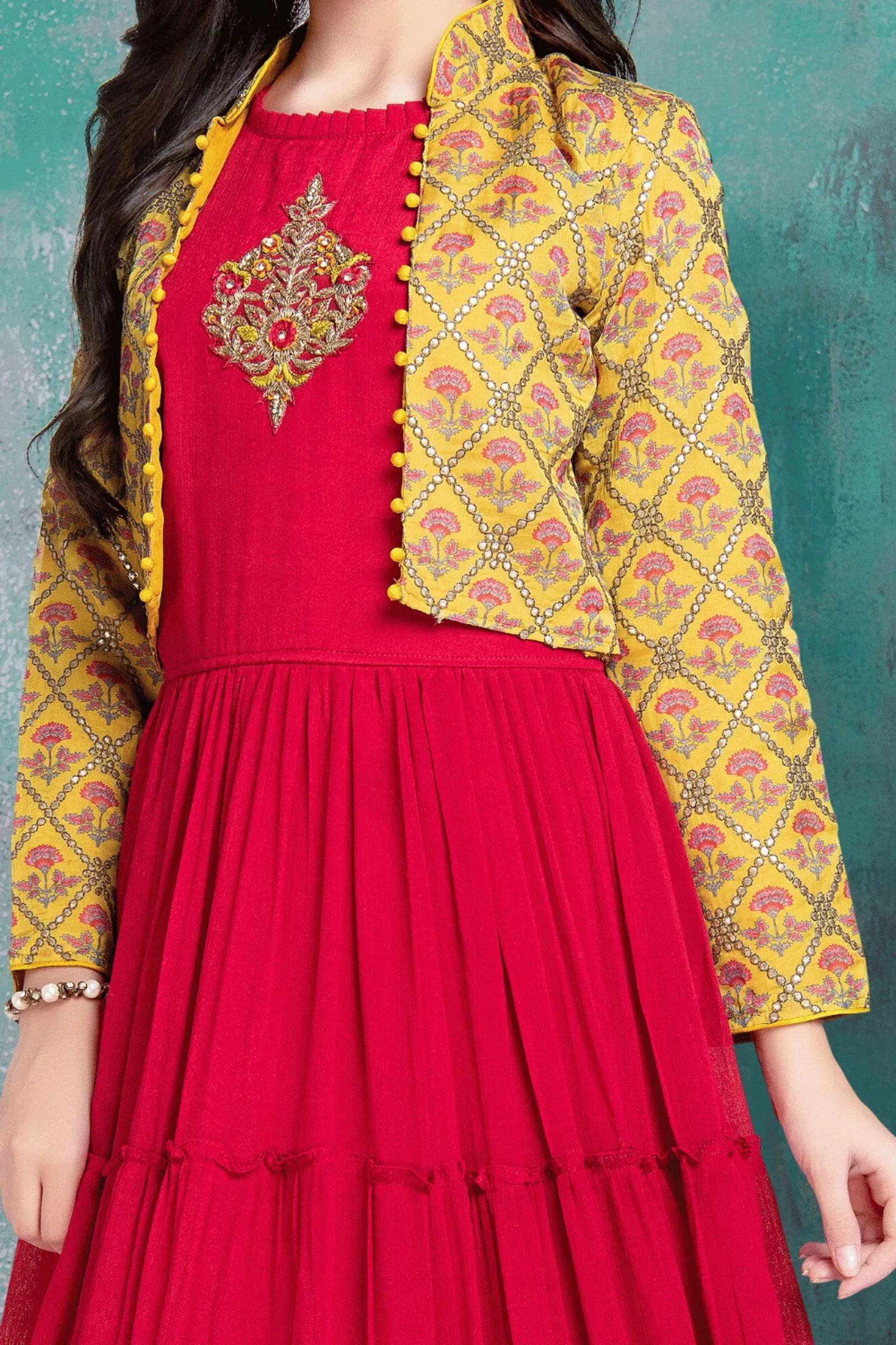 Yellow with Rani Pink Sequins and Zari Thread work Overcoat Styled Long Gown For Girls