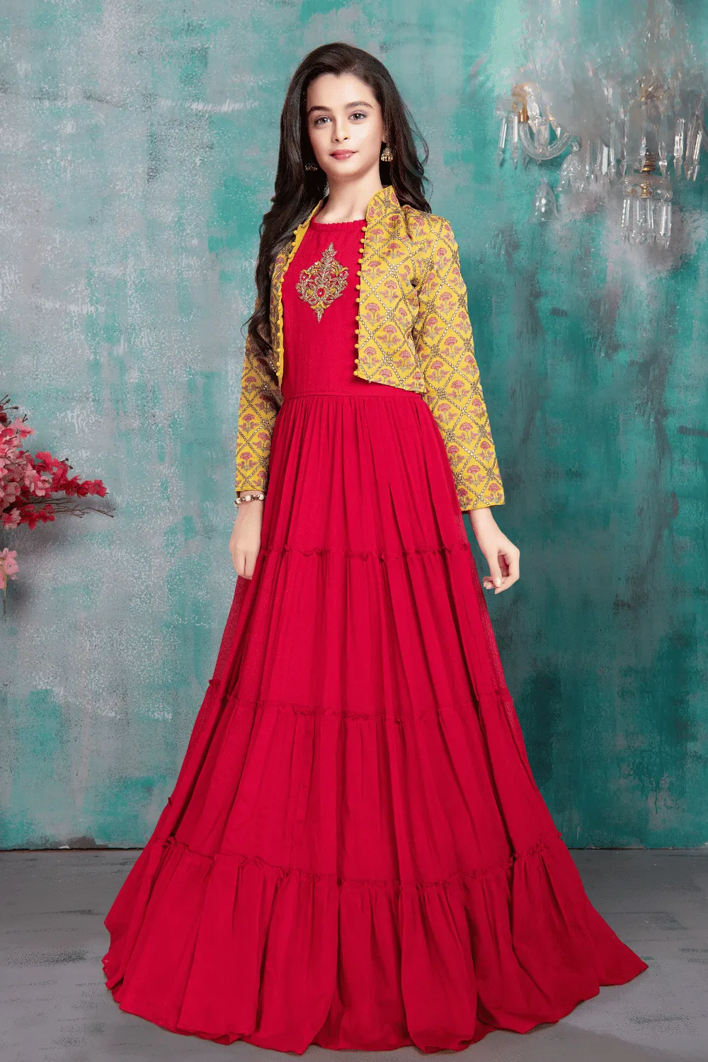 Yellow with Rani Pink Sequins and Zari Thread work Overcoat Styled Long Gown For Girls