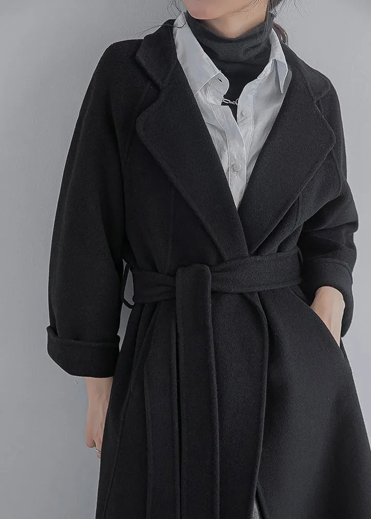 Zelene Black Wrap Belted Wool Blend Long Coat