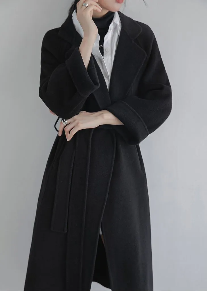 Zelene Black Wrap Belted Wool Blend Long Coat