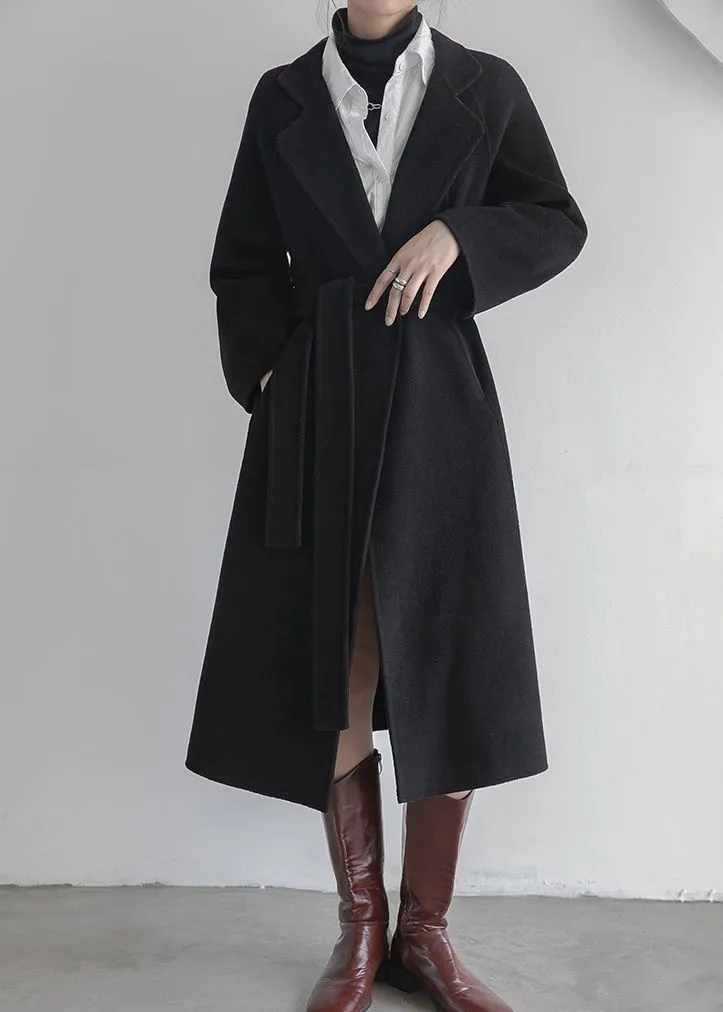 Zelene Black Wrap Belted Wool Blend Long Coat